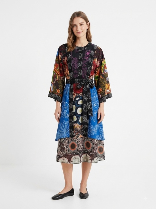 Desigual Dresses & Skirts - DESIGUAL Mixed Print Patchwork Kimono Sleeve Belted Midi Dress | Size 36 / S